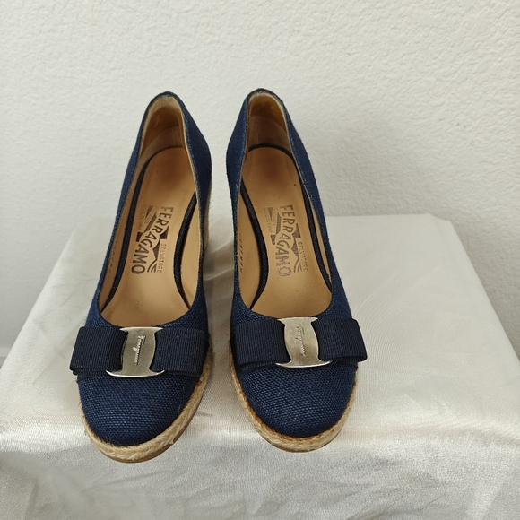 Salvatore Ferragamo Darley Espadrille Blue Denim Wedges Size 5C Women's - Picture 7 of 16